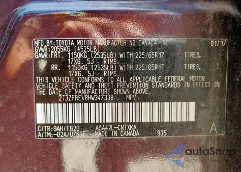 2017 Toyota Rav4 Le z USA, uszkodzony, nr VIN 2T3ZFREV8HW347338